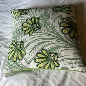 Beautiful BOHO Embroidery Floral Throw Pillow. Green and Yellow Linen